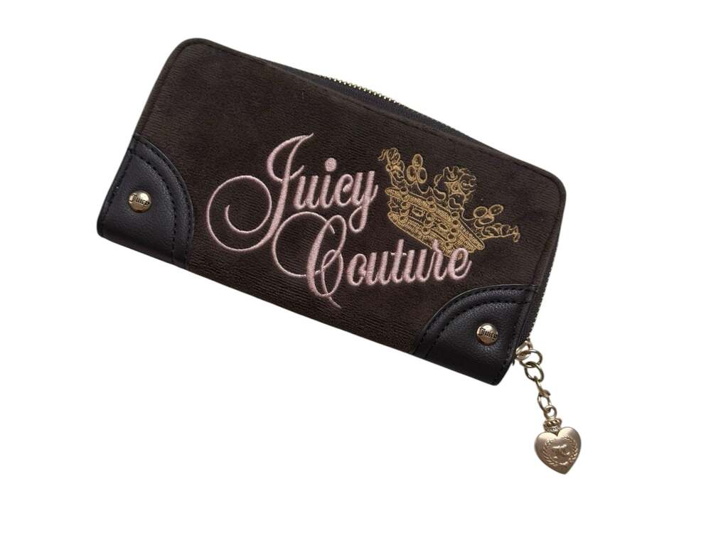 Juicy Couture Brown Velour Zip Around Wallet with Crown Embroidery